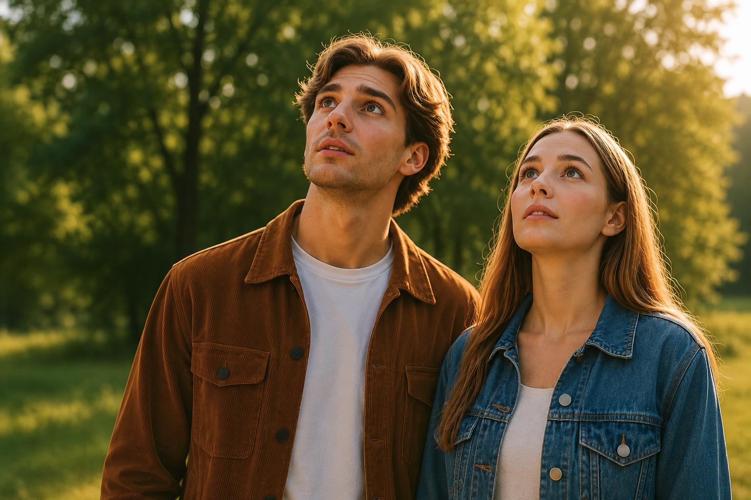 Two people looking up together in a sunlit park